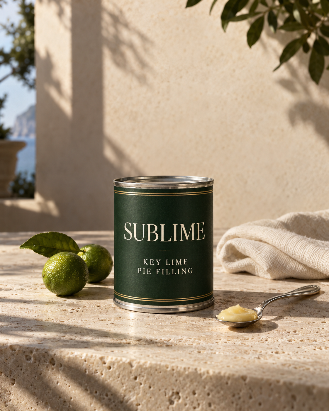 Sublime key lime pie filling in a green and gold can, with fresh limes, linen and a silver spoon on sunlit stone.